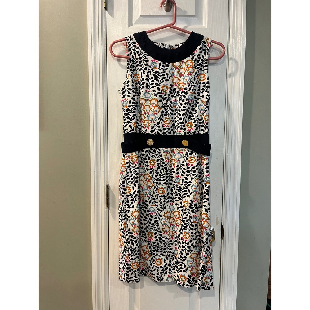 Y2K Tory Burch Linen Sleeveless Shift Dress Navy White‎ Floral Logo Button b4